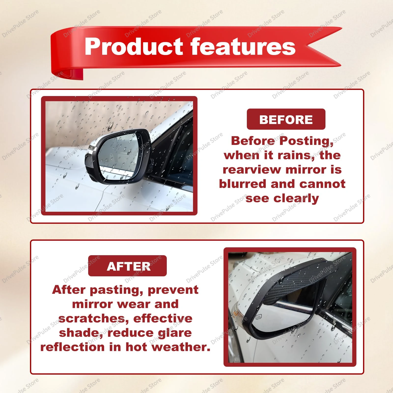 2PC Carbon Fiber Mirror Rain Guards & Sun Shades-Anti-Glare Visors for Clear Vision, Car Accessories