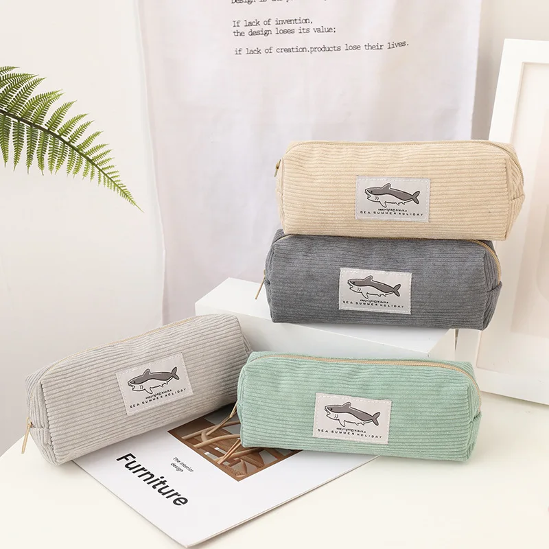 Pencil Case Cute Corduroy Pencil Case Little Shark Embroidery Pen Bag Pouch Gift for Girls&Kids School Office Stationery Organizer Supplies