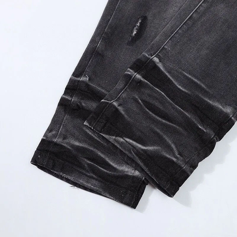 Street Fashion Men's Jeans Vintage Black Grey Elastic Slim Fit Split Jeans Men's Vintage Pants Splicing Designer Hip Hop Perfor