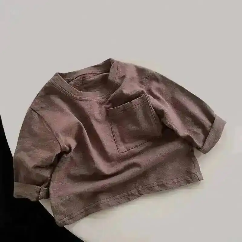 Frühling Herbst Kinder T-Shirts 1-8 Jahre Jungen Mädchen Baumwolle Taschen Langarm T-Shirts Koreanische Oberteile Kleinkinder Kleidung – Detail 5