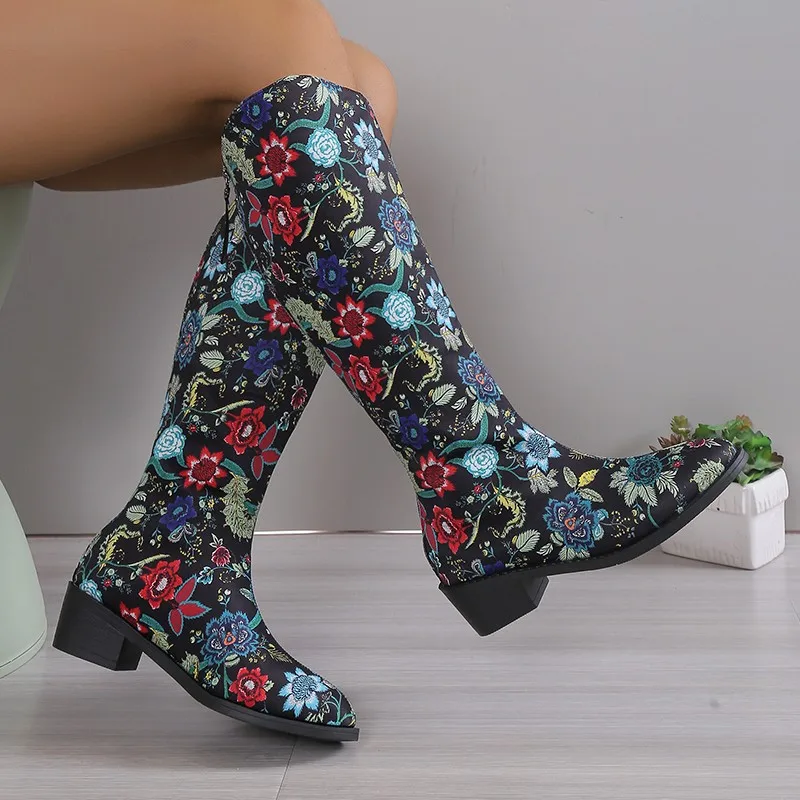 Winter Shoes for Female Back Zip Print Women's Knee-High Boots Square Heel Pointed Toe Women's Shoes Med Heel Sweet Ladies Boots