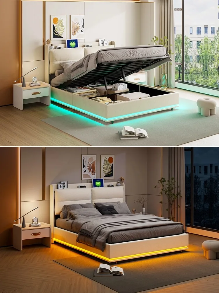 Creahappy – Weich gepolstertes Bett – Doppelbett – mit LED-Leuchten und USB-Ladefunktion – Stauraumbett mit Luftdruckstange – Detail 1
