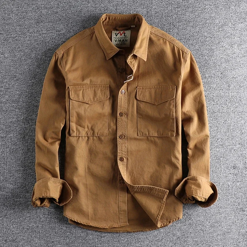 

Simple Boyfriend Handsome Japan Style Youth Cargo Men Lapel Premium Solid Clothing Shirt Cotton Long Sleeve Color Washing For