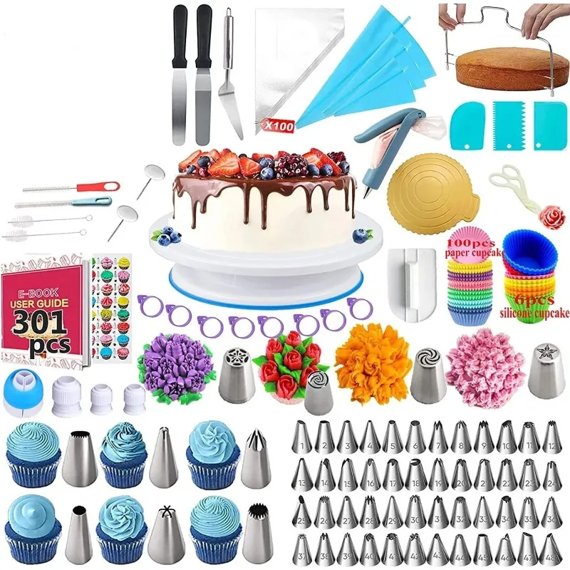 Cake Turntable Baking Supplies Cake Tools Cake Decorating Kit 301PCS/Set Cake Baking Accessories and Tools with Cake Turntable Pastry Piping Bag Piping Tips Cooking Dessert Decorating Kit