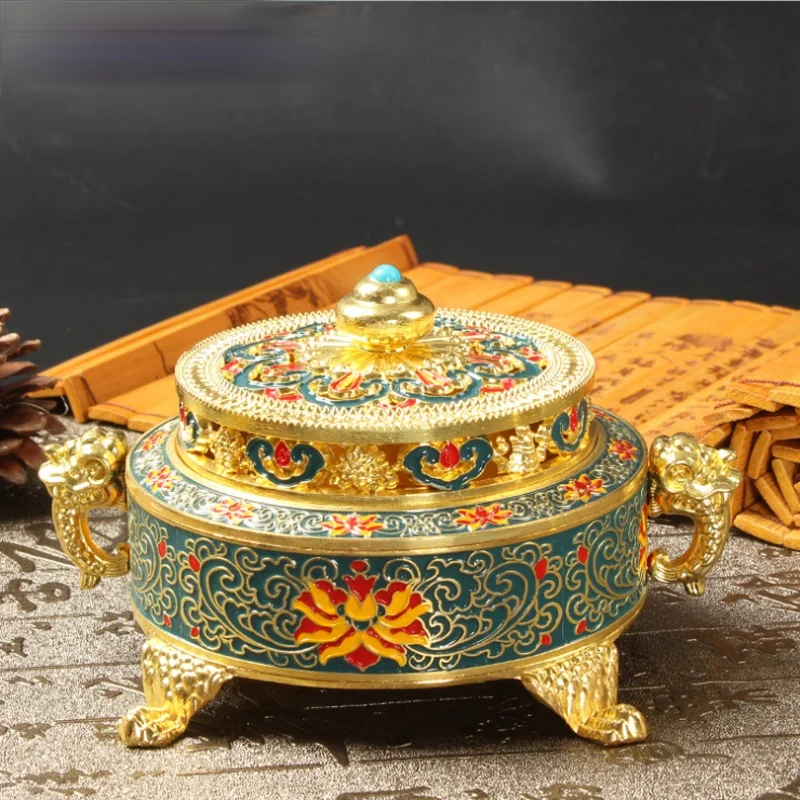 

4-Foot Metal Painted Incense Base Tea Ceremony Accessories Colored Enamel Lotus Incense Burner Sandalwood Coil Censer Home Decor