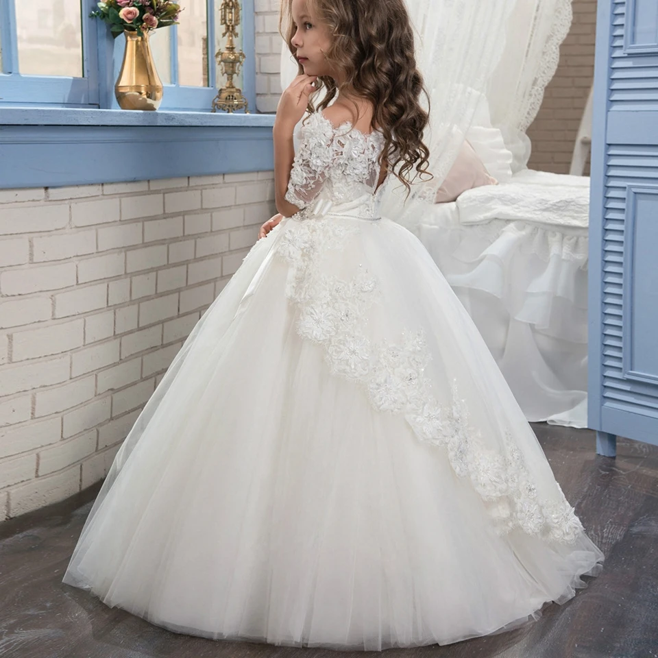 

New Boat Neck Ball Gown Half Sleeve Flower Girl Dresses Princess Skirt With Bow Weddings First Communion Clothing Pageant Gowns