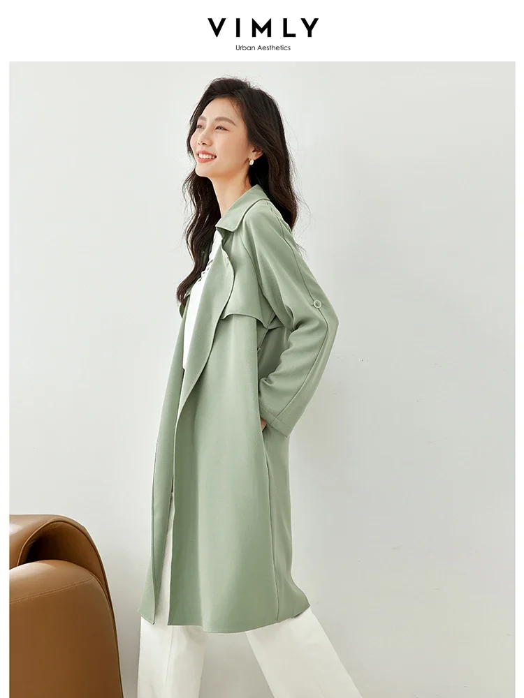 Vimly Women's Autumn Trench Coat Female New in Outerwear Loose Long Sleeve Straight Green Wrap Coats Women's Clothing F6105
