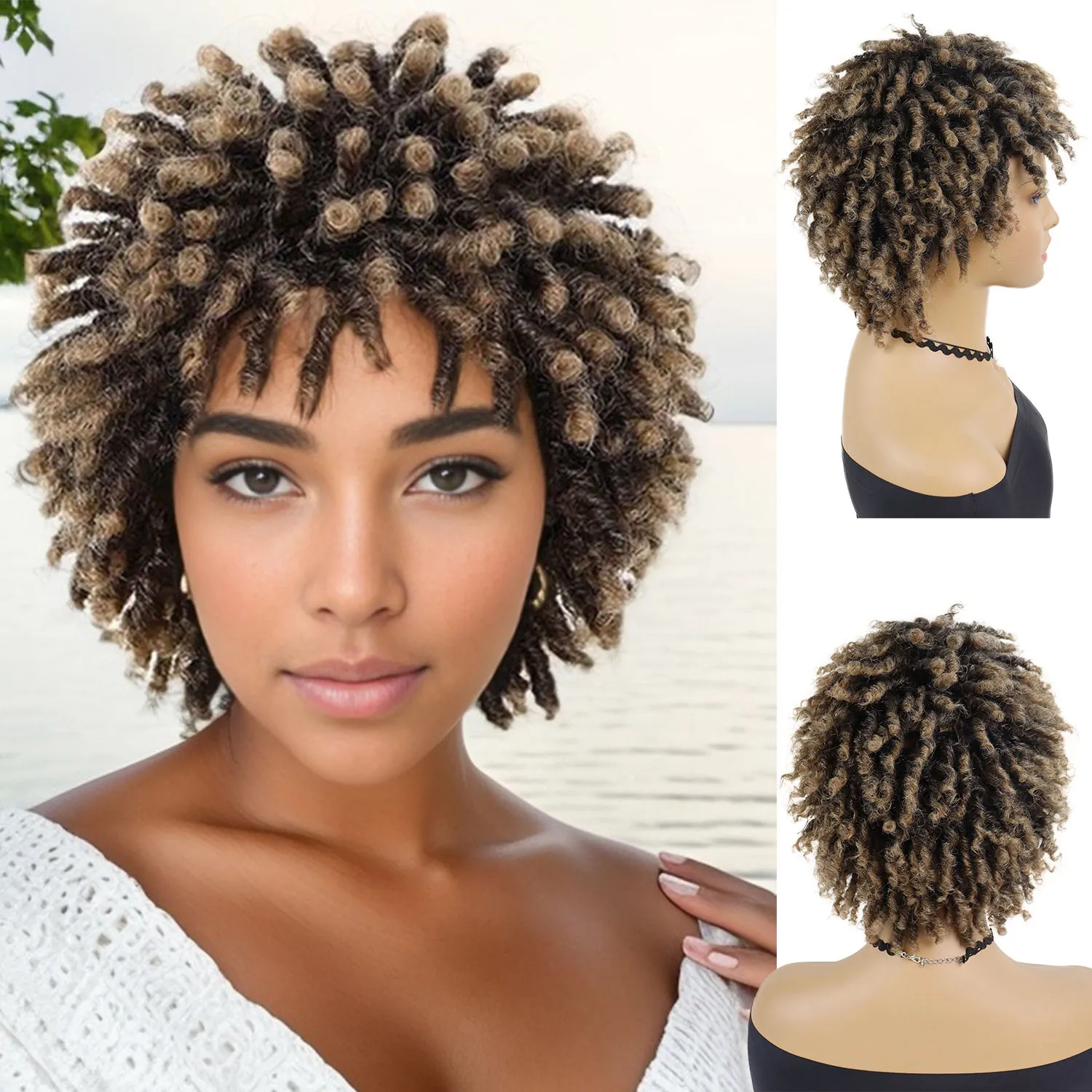 Synthetic Black Dreadlocks Wigs for Women Short Braided Wig Afro Curly Hairstyles Afroloki Wig Bangs Focx Rasta Brown Dreads