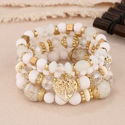 4Pcs Tree of Life Heart Bracelet Set For Women Acrylic Glass Beads Chain Elastic Bangle Female Fashion Party Jewelry