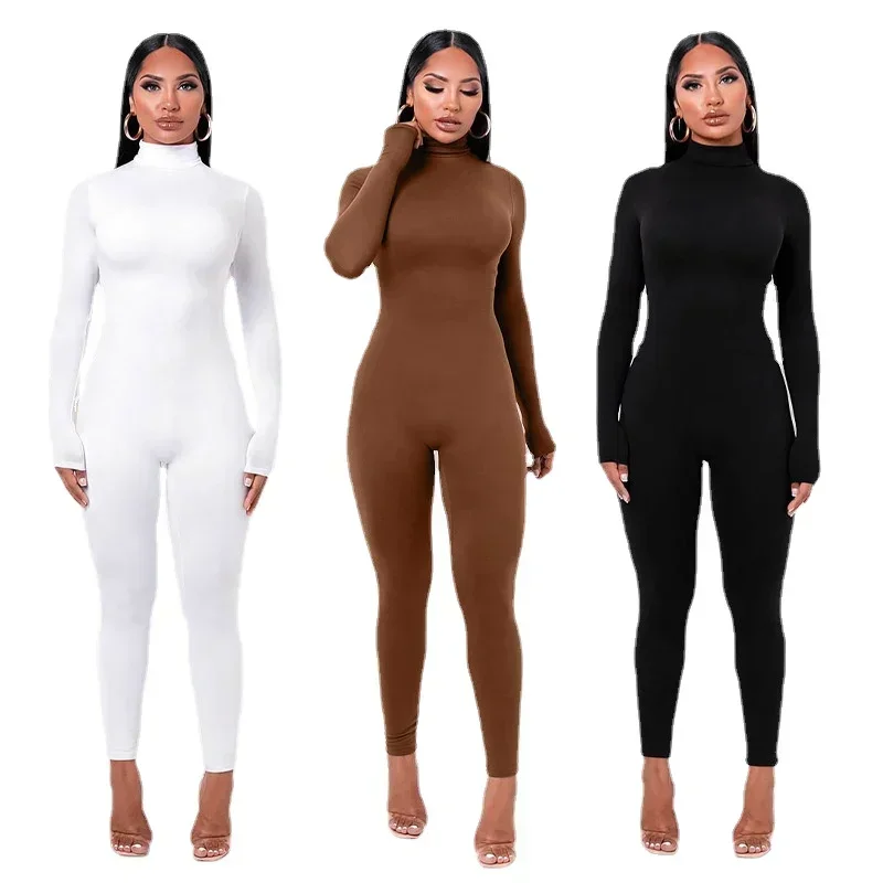 Women's Turtleneck Bodysuit Long-Sleeved Overall Tight-Fitting Sports Yoga Gym Fitness Casual Fashion Outware White Jumpsuits