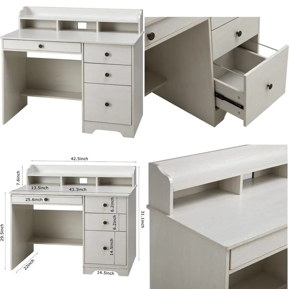 4つの収納引き出しとハッチ棚付きコンピューターデスク、幅広テーブル