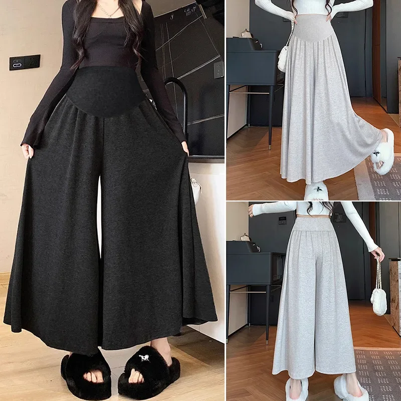 Maternity Skirt Pants High Waist A- Line Midi Skirt Fashionable Autumn Winter Wide Leg Pants Rice Noodle