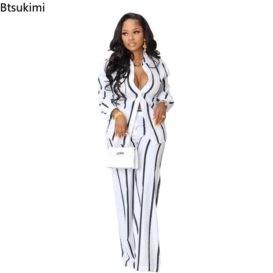 2024 Women's 2 Pieces Sets Striped Print Casual Pants Set Female Clothes Sets Long Sleeve Casual Shirts and Straight Pants Set