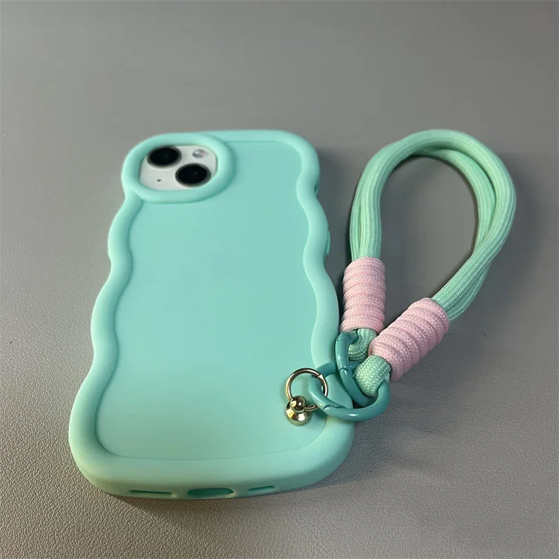 Candy Color Shockproof Phone Case with Hand Rope Strap and Curly Wave Design
