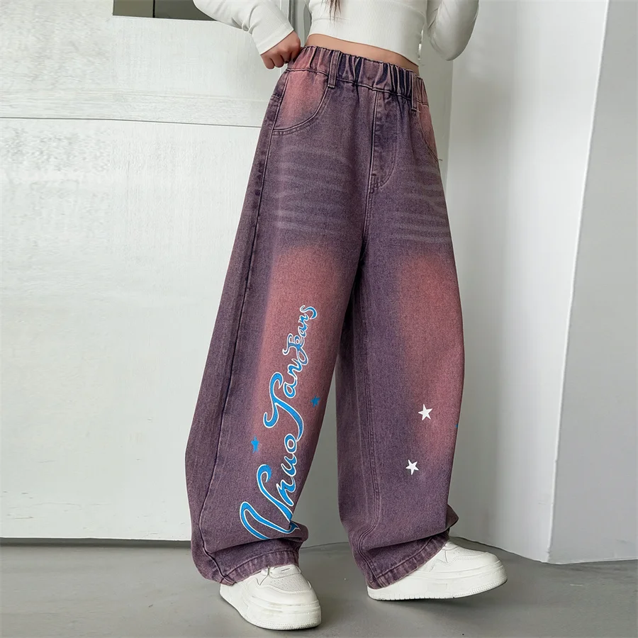 한국 스트리트 스타일 어린이 봄 와이드 레그 멀티 컬러 곡선 청바지 어린이를위한 문자 인쇄가있는 소녀 힙합 데님 바지