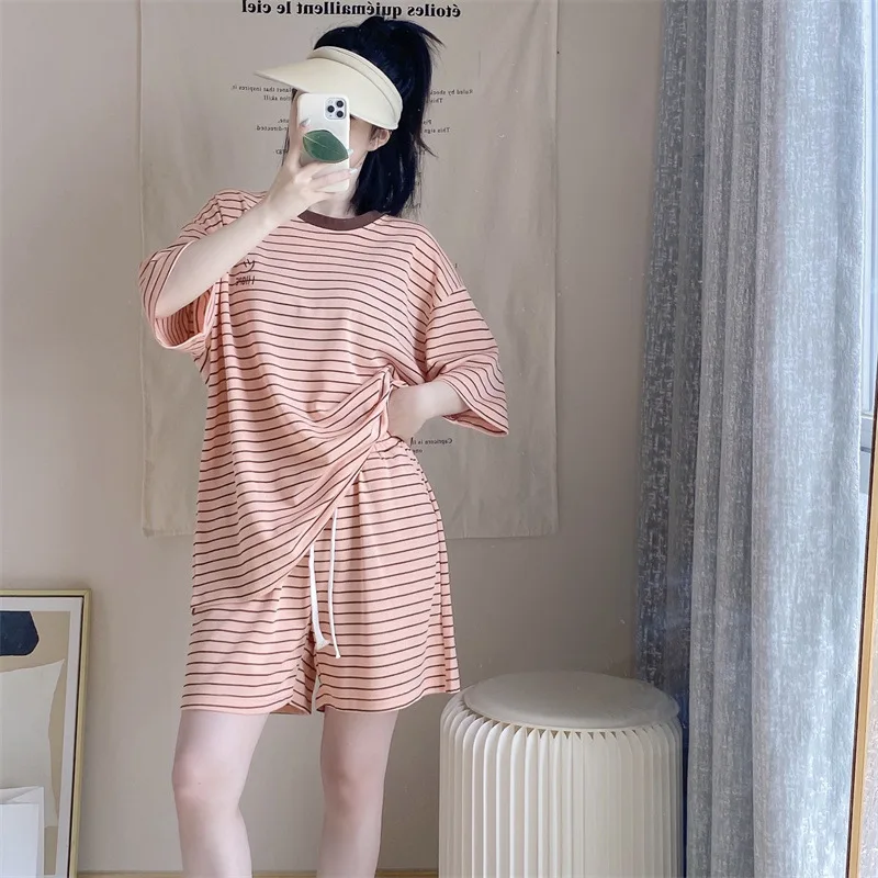 

Female Summer New Pajamas Set Women Striped Cotton Fashion Embroider Short Sleeve Shorts Sleepwear Suit Casual Home Clothes