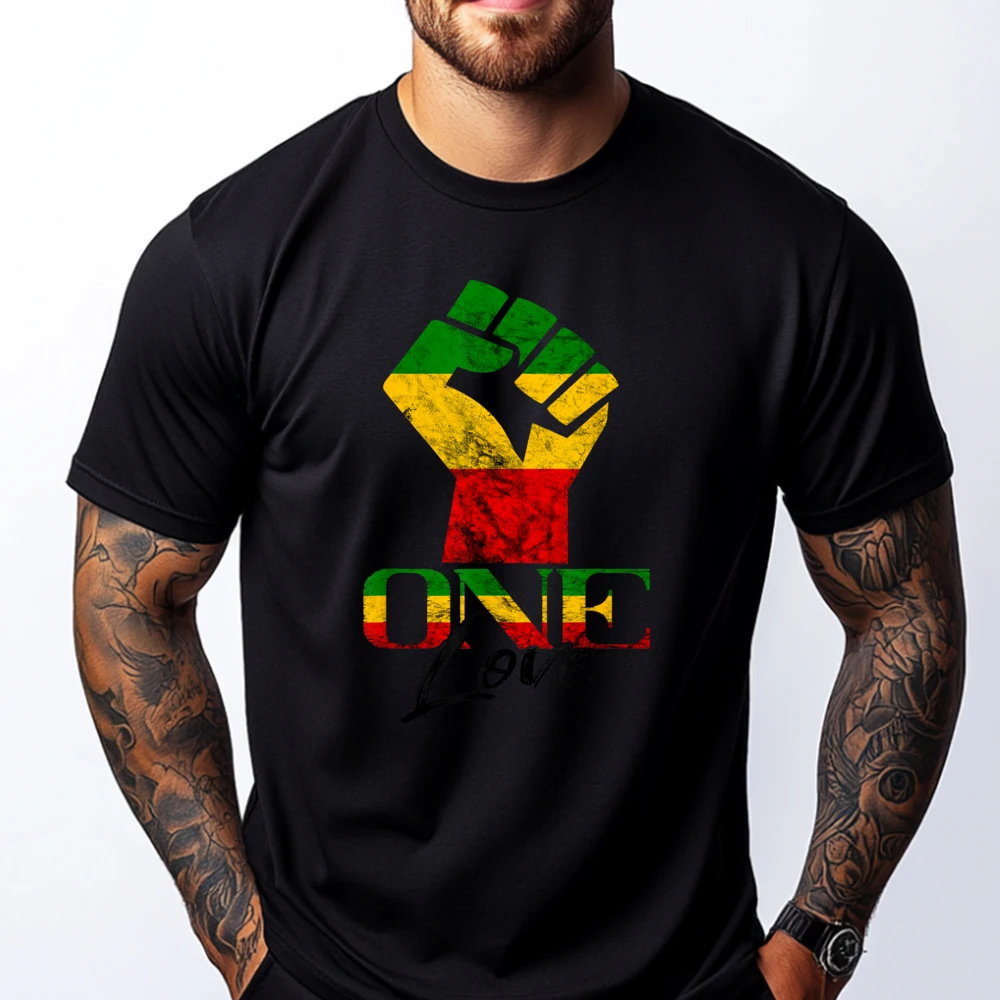 Rasta Reggae One Pride Love Slogan Short Sleeve Tops Tees Autumn O-Neck Premium Cotton Mens T-Shirt Slogan T-Shirt Latest Rasta Reggae One Pride Love Reggae Roots Handfist Reggae