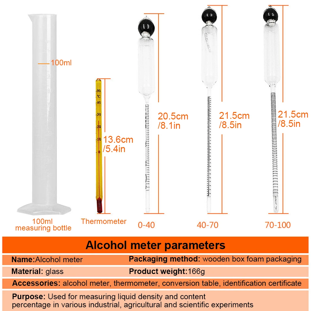 Vodka Whiskey Alcohol Wine Hydrometer Meter In Wooden Box Alcoholmeter Concentration Meter (0-40%, 40-70%, 70-100%) alcohol meter