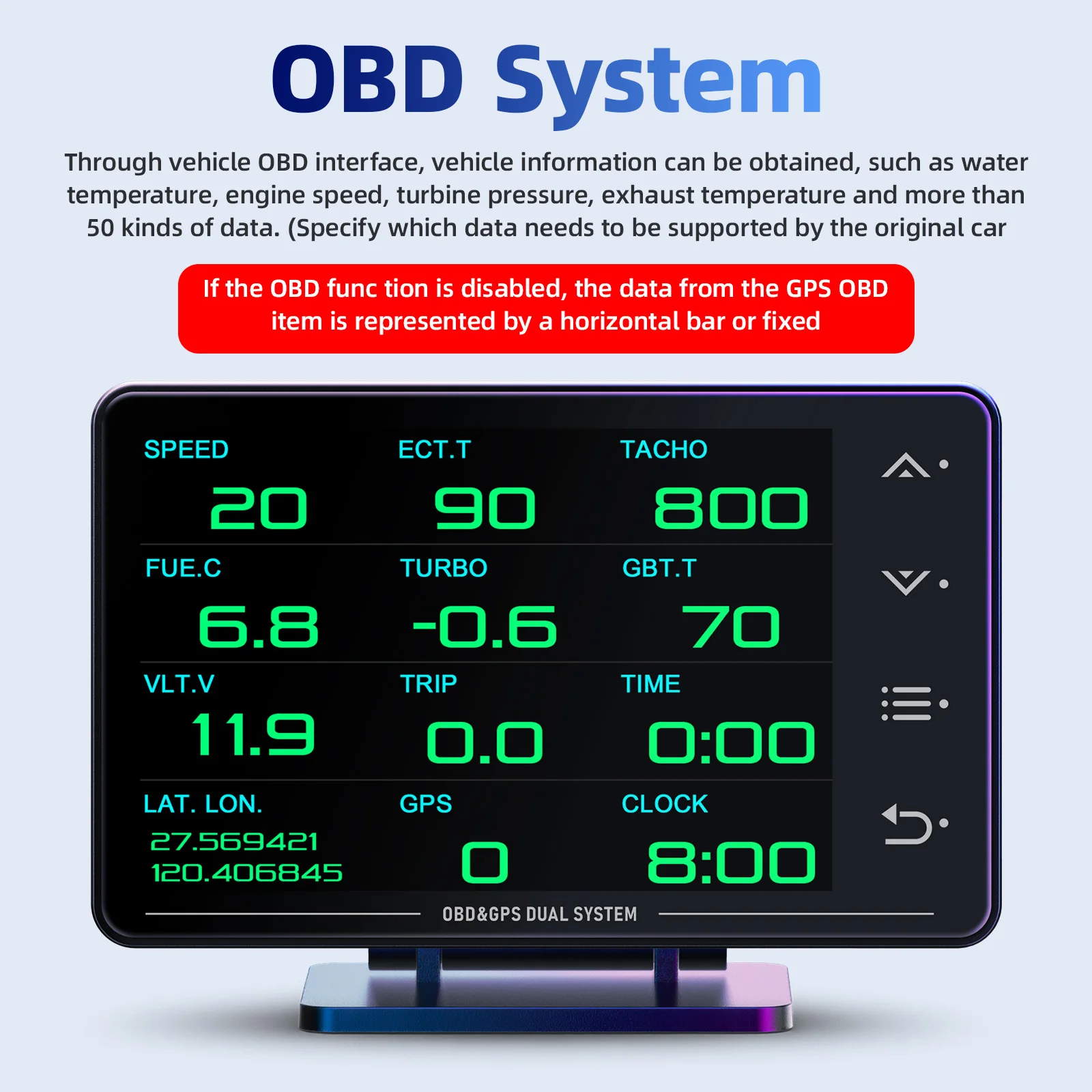 XS OBD+GPS 계기판 HUD 게이지 자동차 다기능 헤드업 디스플레이 수온, 오일온도, 터보차저, 오일압력 LCD 디스플레이