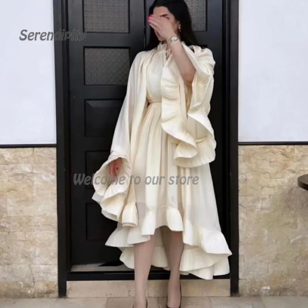 

Serendipity A-Line Saudi Arabia Evening Dress O-Neck Tea-Length Beige Puff Sleeve Ruffles Cocktail Prom Gown For Sexy Women