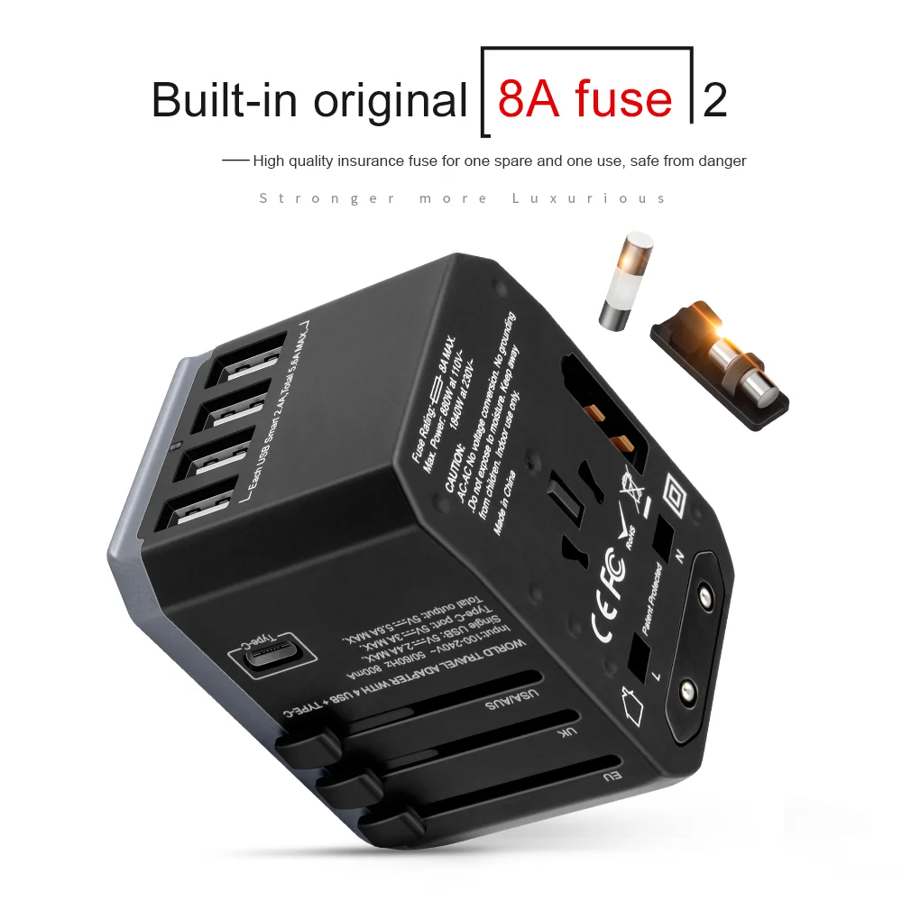 EONLINE Travel Adapter International Universal Power Adapter All-in-one with 5 USB Worldwide Wall Charger for UK/EU/US/Asia