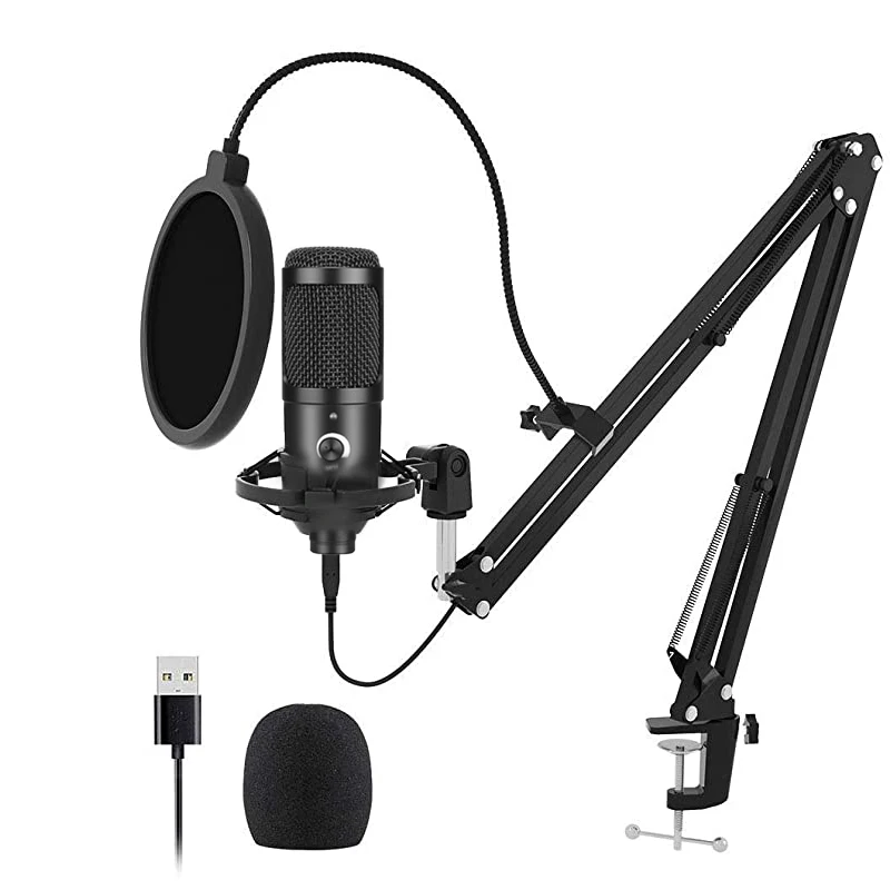 USB Computer Condenser Microphone Kit With Adjustable Scissor Arm Stand Shock Mount for Laptop PC YouTube Studio Recording Voice 