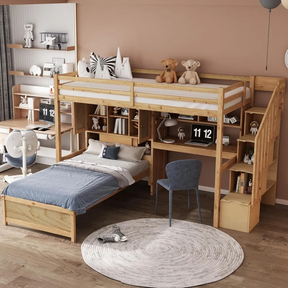 Twin Loft Bed.Twin Over Twin Bunk Beds with Stairs & Desk, Solid Wood Loft Bunk Bed with Storage Stairs Shelves and Drawers, 3