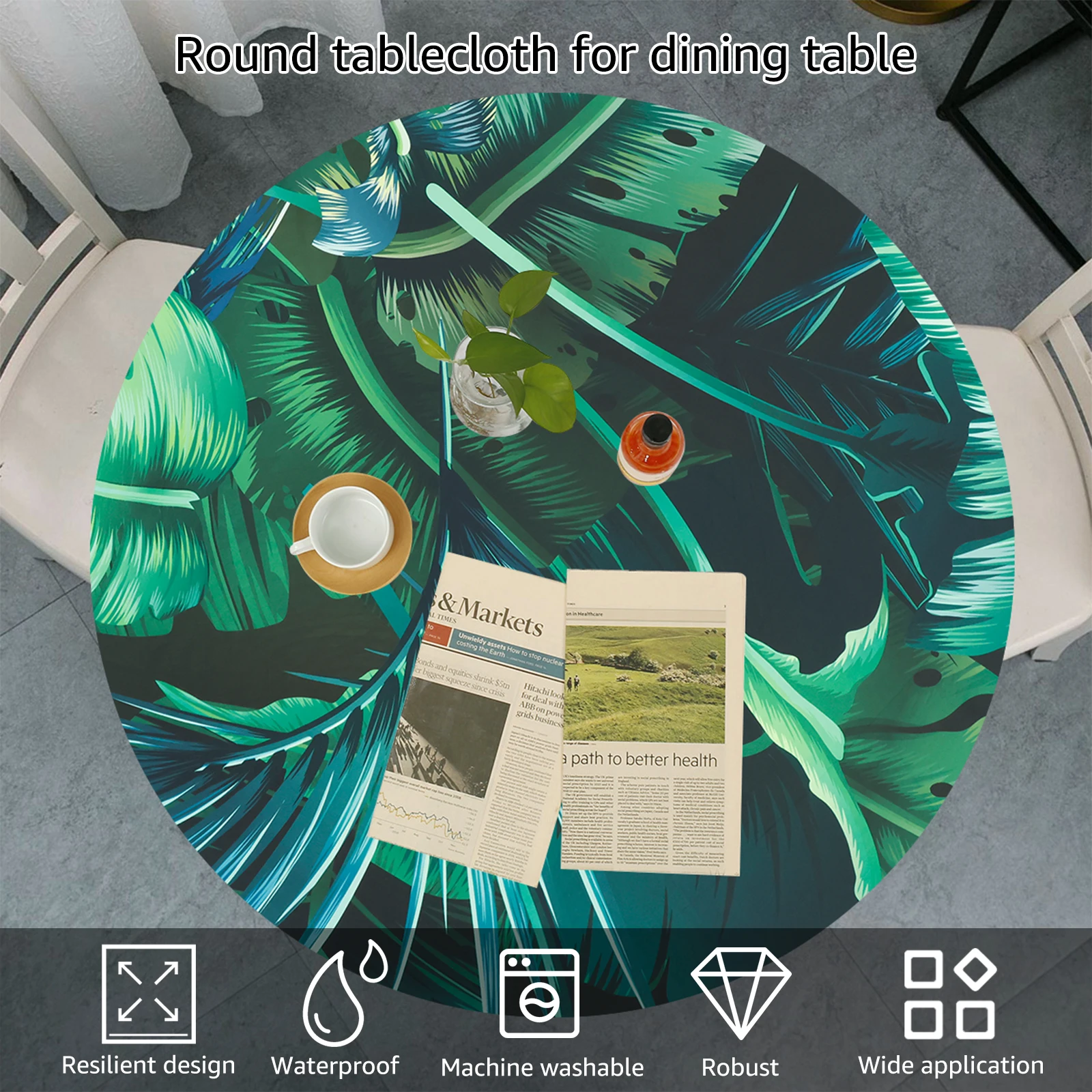 Elastic Round Tablecloth Polyester Waterproof Tablecloth Cover with Pattern Decorative Desktop Protective Cover for Dining Table