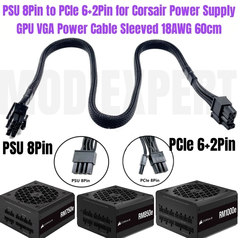 Corsair Psu 8Pin A Pcie 8Pin 6 + 2Pin Gpu Vga Cavo Di Alimentazione Rete Con Maniche Per Rm750E Rm850E Rm1000E Rme Tipo 4 Alimentatore Modulare