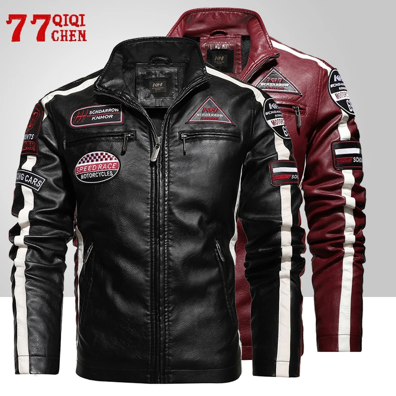 Men's Motorcycle Leather Jacket Autumn Casual Patchwork Vintage Overcoat Biker PU Embroidery Bomber Zipper Fleece Jackets Male leather bomber jacket