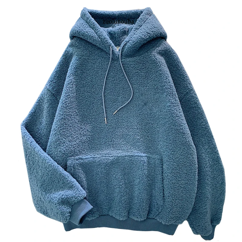 

Long Sleeve New Autumn Winter Thick Warm Coat Velvet Cashmere Women Hoody Sweatshirt Solid Blue Pullover Casual Tops Lady Loose