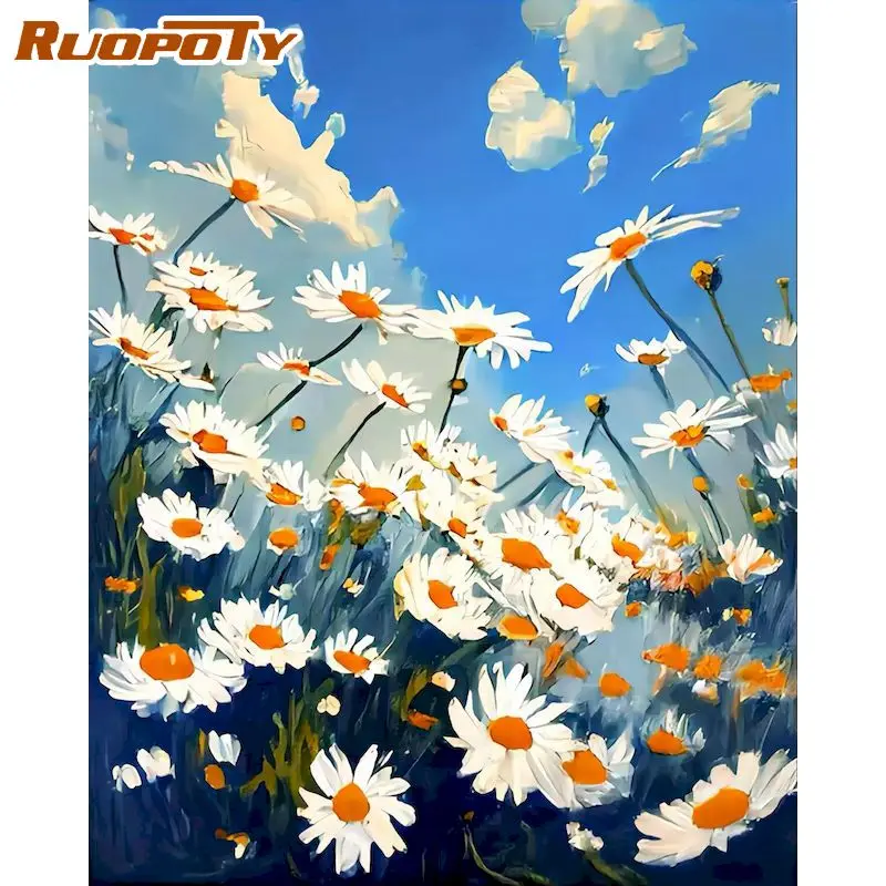 

RUOPOTY Frame Oil Painting By Numbers For Adults HandPainted On Canvas Daisy Landscape Modern Drawing Coloring By Numbers