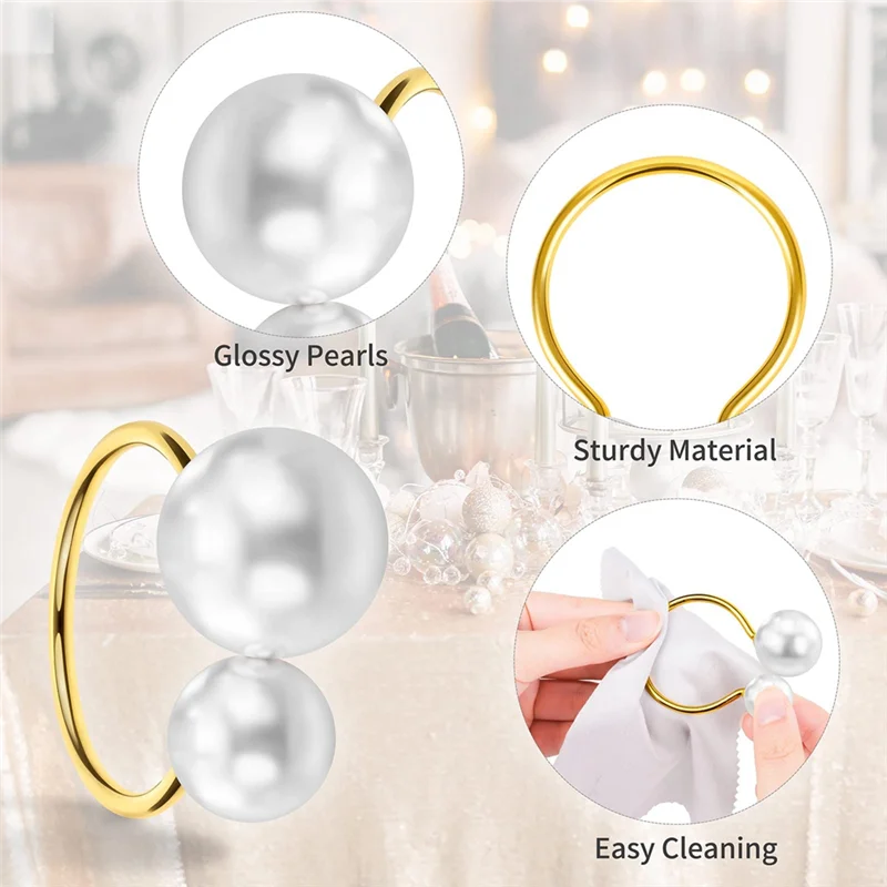 

20Pack Pearl Napkin Rings Set Gold Napkin Buckles Metal Holiday Napkin Rings Holders Serviette Buckles for Table Decor