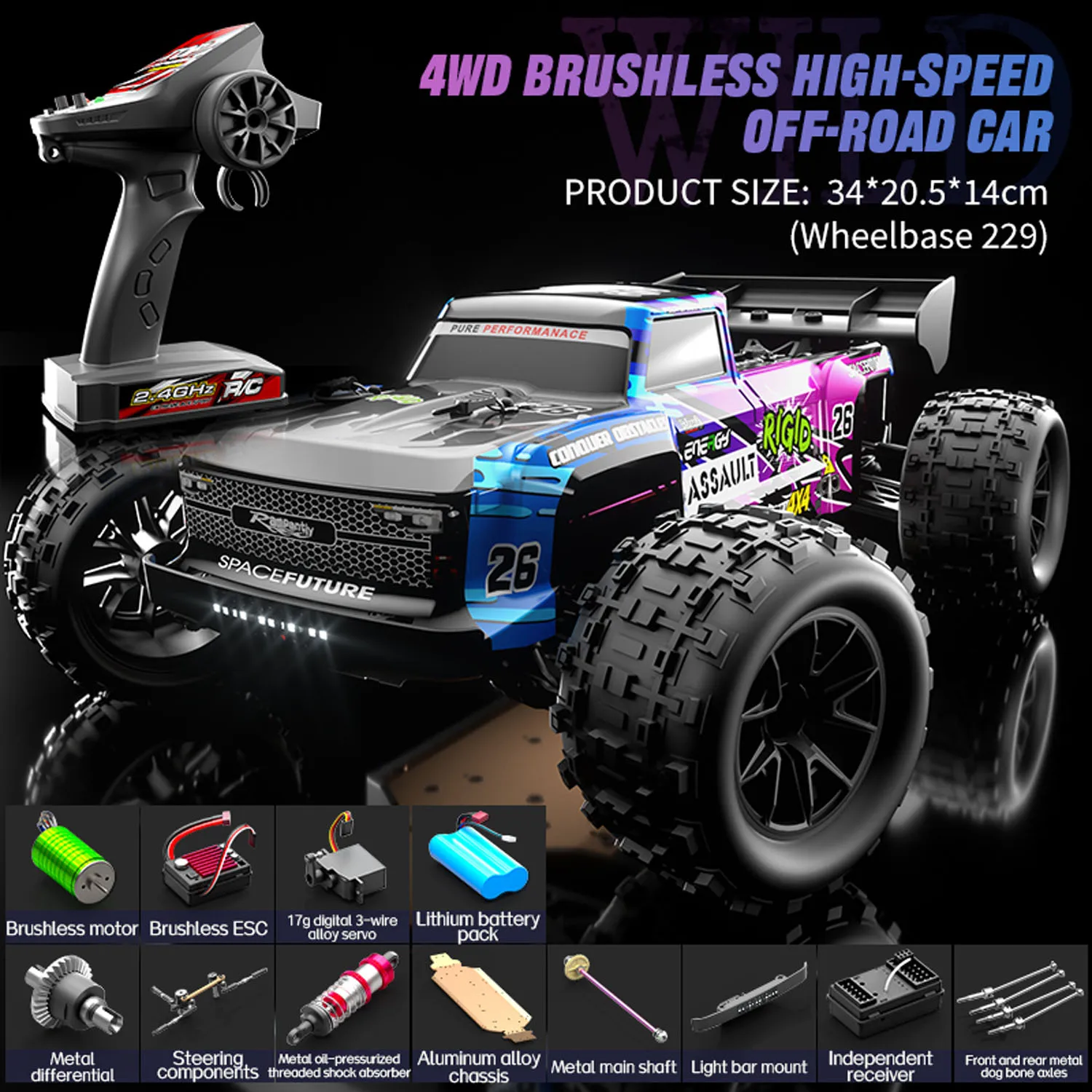 Châssis de la voiture RC tout-terrain JJRC C8803 montrant le moteur sans balais et la transmission 4x4