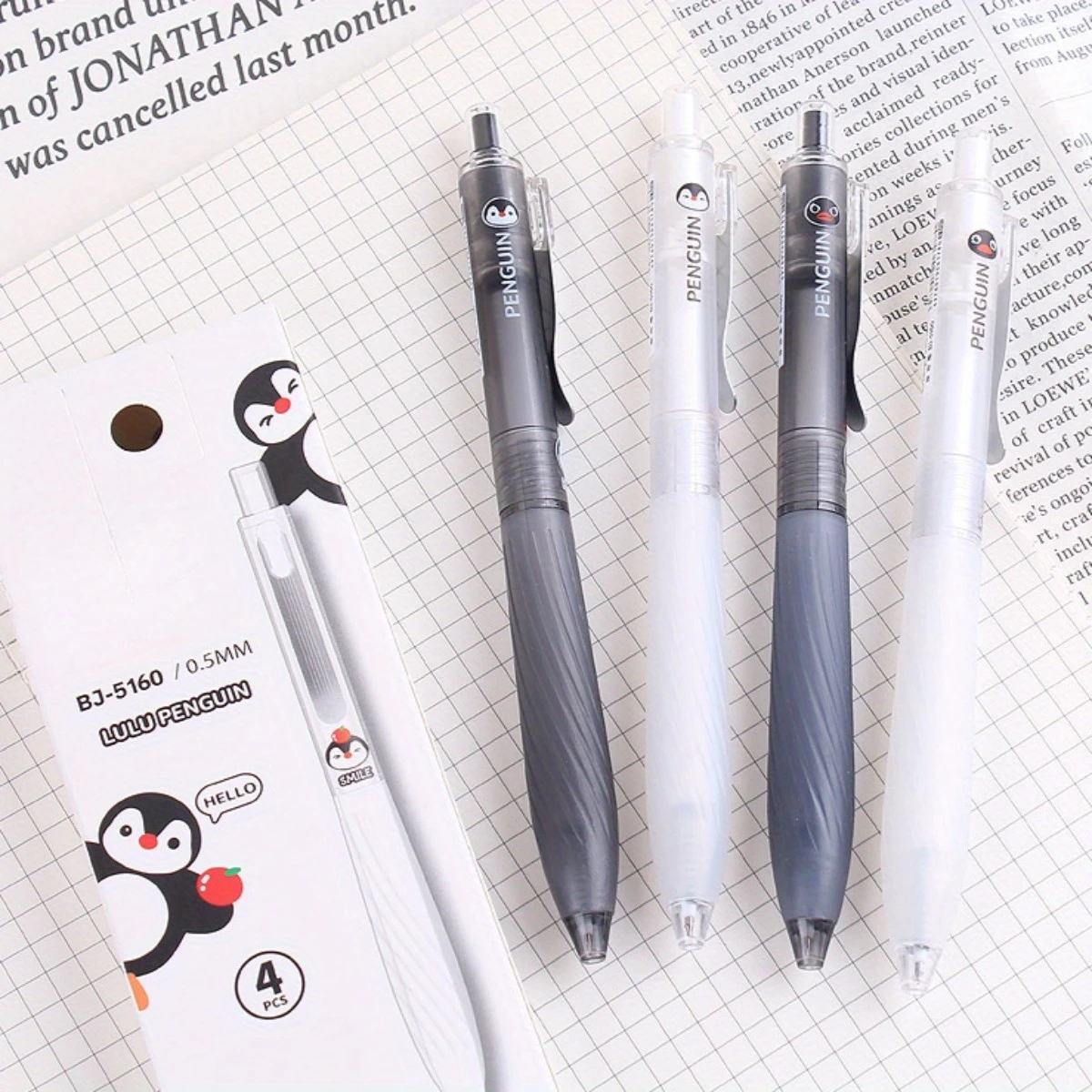 4pcs Black Ink Gel Pen，Penguin Pattern Design with Metal Clip, Smooth Writing, Durable and Comfortable for Office and Study Use 4