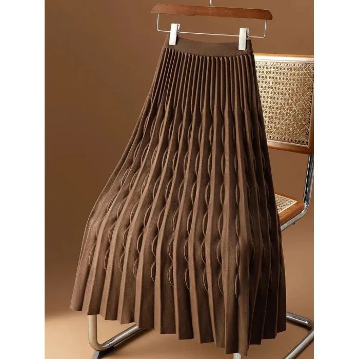 High Waist A- Line Knitted Skirt Women's Spring Autumn New Style Loose Umbrella Skirt Midi Length Pleated Skirts
