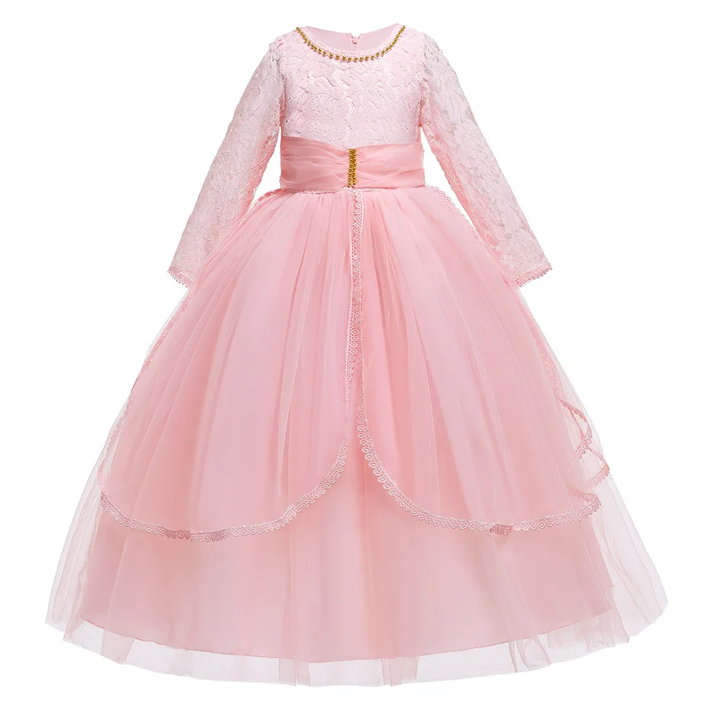 

4-14Y Elegant Cute Dresses Kids Girls Comfort Soft Long Sleeve Embroidery Pearls Fashion Trend Yarn Summer Evening Piano Dress