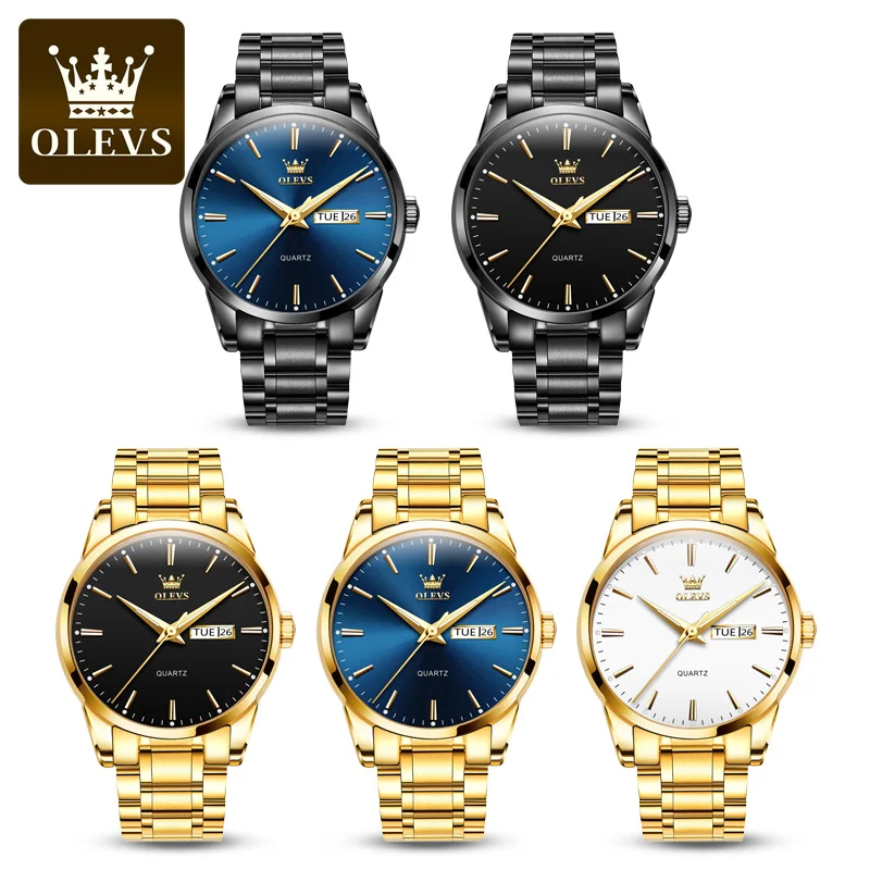 OLEVS Classic Gold Wrist Watches For Top Brand Luxury Business Leather Waterproof Luminous Stainless Steel Men Quartz Wristwatch