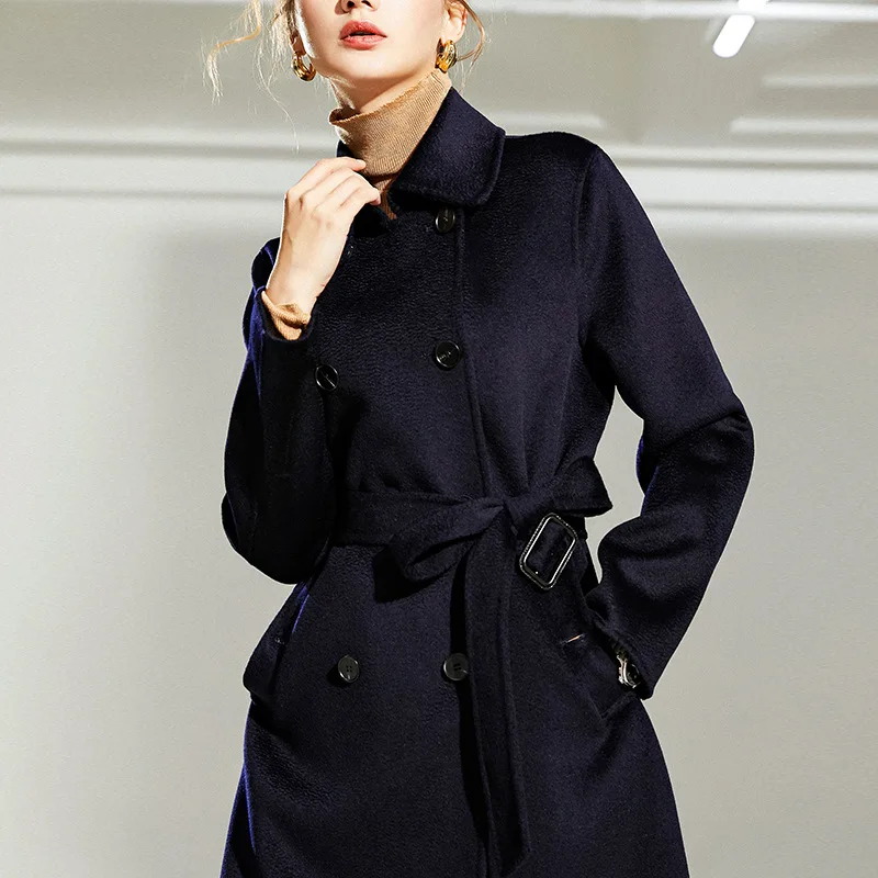 Woolen coat female 2023 autumn new lapel cashmere coat double-sided water ripple long coat