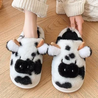 Women's Winter Warm Cartoon Cow Slippers Closed Toe Non Slip Furry House Shoes Women Indoor Bedroom Thick Sole Plush Slippers 2