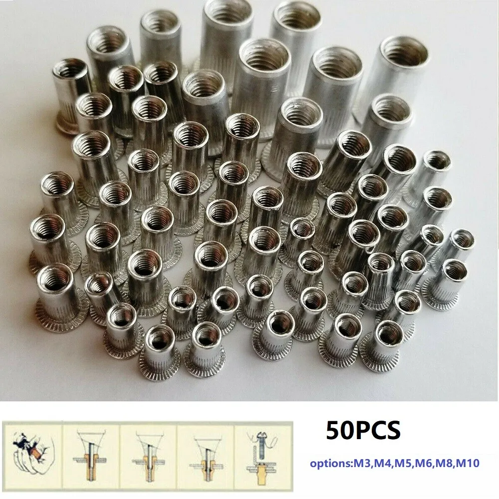 50Pcs M6-M10 Thread Stainless Steel Flat Head Rivet Nut Insert Nutsert Pack Metric Threaded Rivet Insert Nutsert Nut