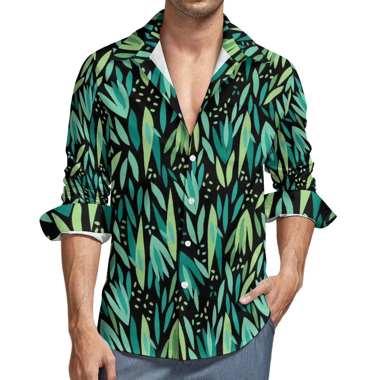 

Рубашка в стиле Харадзюку с принтом зеленых листьев, Повседневная Блузка с длинным рукавом и графическим принтом, винтажный Топ оверсайз, осень