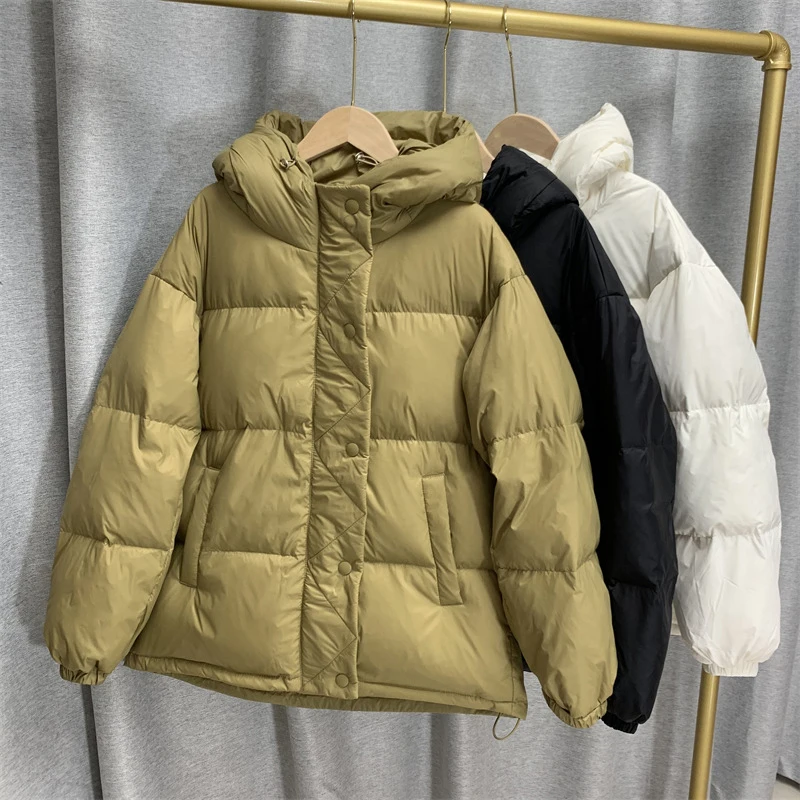 

2022 Winter Loose Padded Zipper Solid White Duck Jacket Hooded Collar Casual All Match Warm Down Coat For Women Chic Outwear
