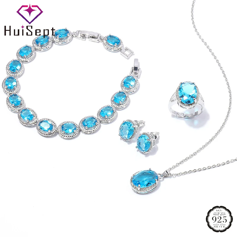 

HuiSept Sapphire Gemstone Silver 925 Jewelry Set Ring Earrings Bracelet Necklace Accessories for Women Wedding Party Bridal Gift