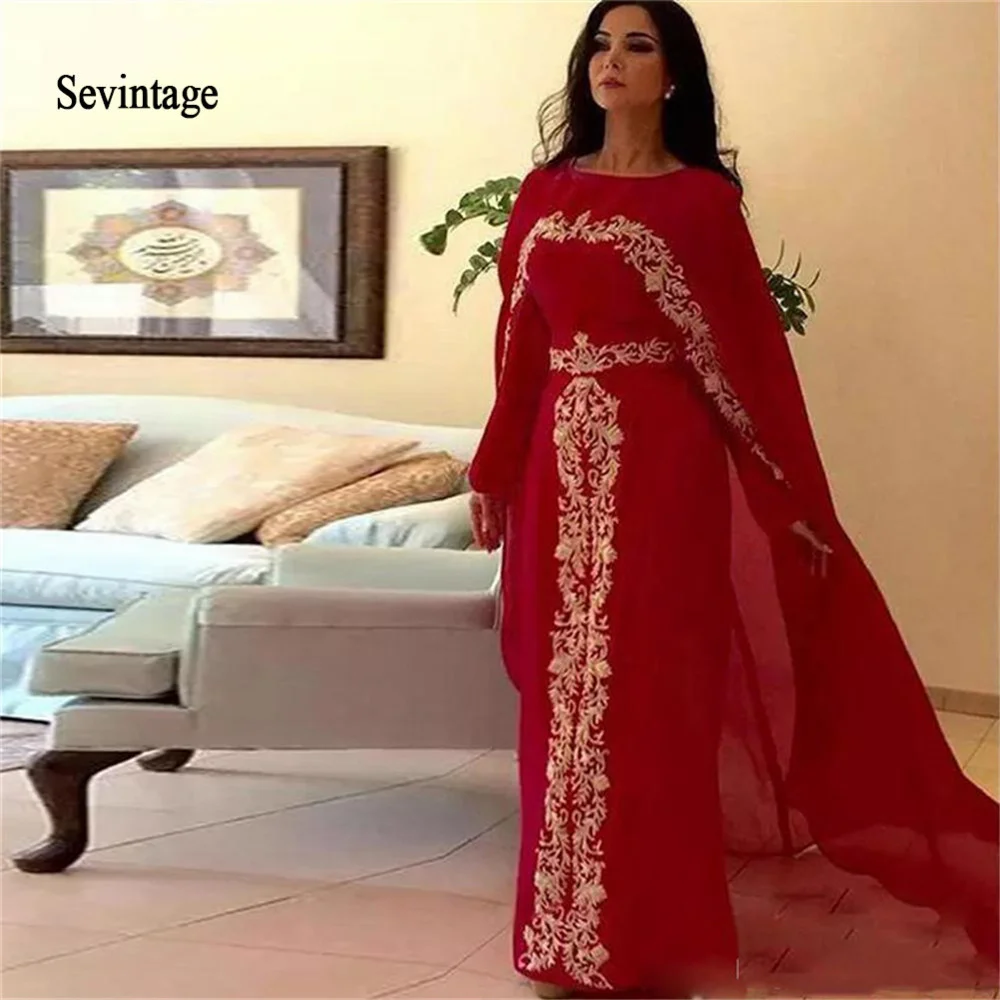 

Sevintage Red Mermaid Prom Dress Long Cape Lace Appliques Belt Formal Evening Dress Floor Length Kafeta Sheath Party Gowns 2024