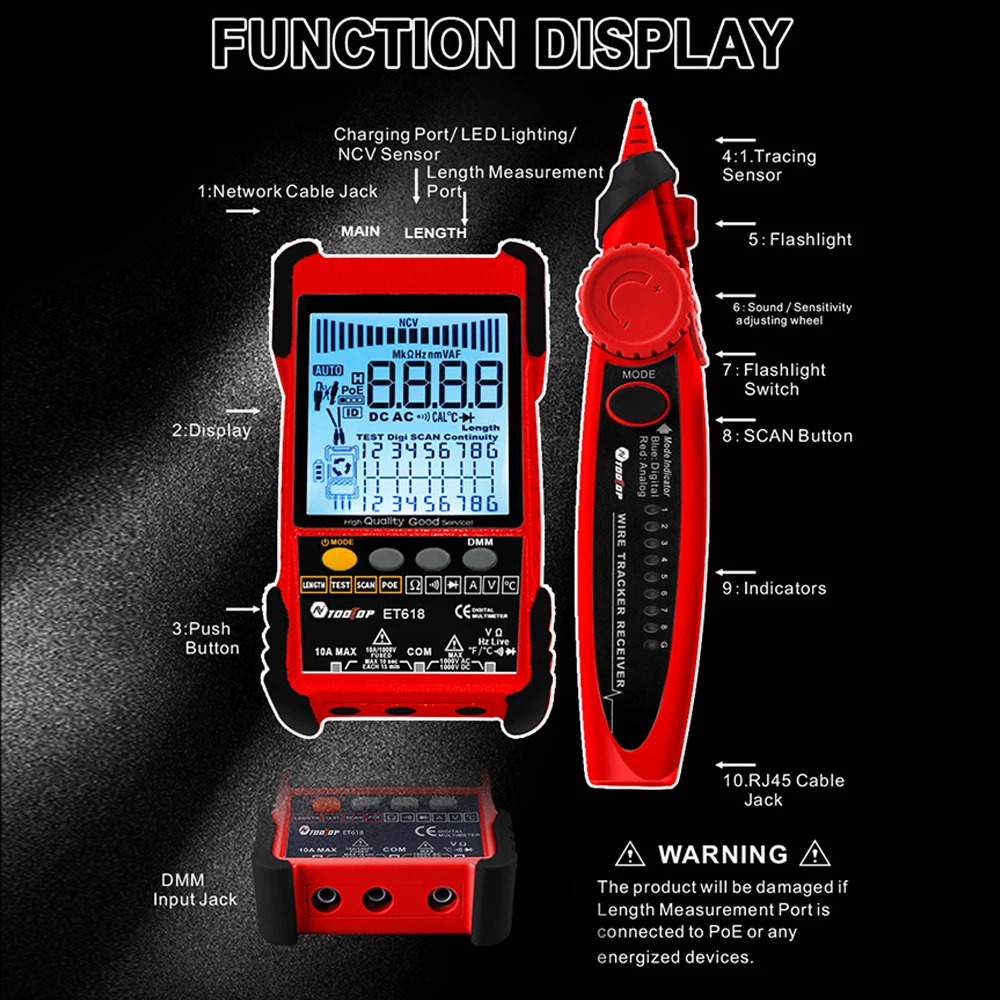 TOOLTOP ET616 ET618 Network Cable Tester with LCD Display Analogs Digital Search POE Test Cable Pairing