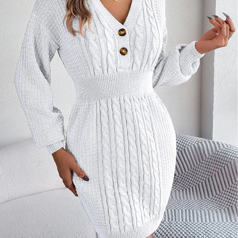 

Autumn and Winter Women's Pullover Solid Button V-Neck Lantern Sleeve Slim Fit Wrap Hip Sweater Fashion Elegant Casual Dress