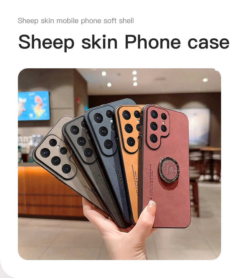 Samsung S24 Ultra Sheepskin Leather Magnetic Ring Stand Holder Case For Galaxy S23 Plus S21 FE Matte Lens Protection_voghion.com