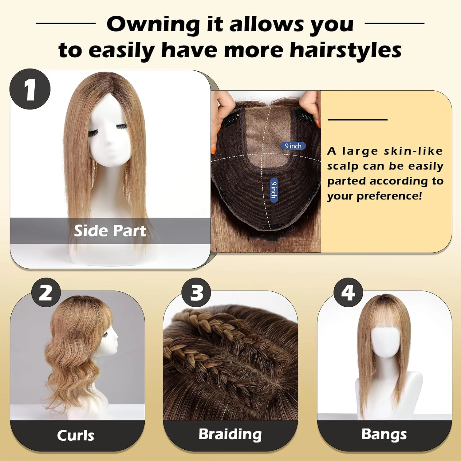 16 inch Human Hair Topper for Women 9x9inch Large Base Hair Pieces Ash Brown Ombre Human Toppers with Multiple Non-slip Clips