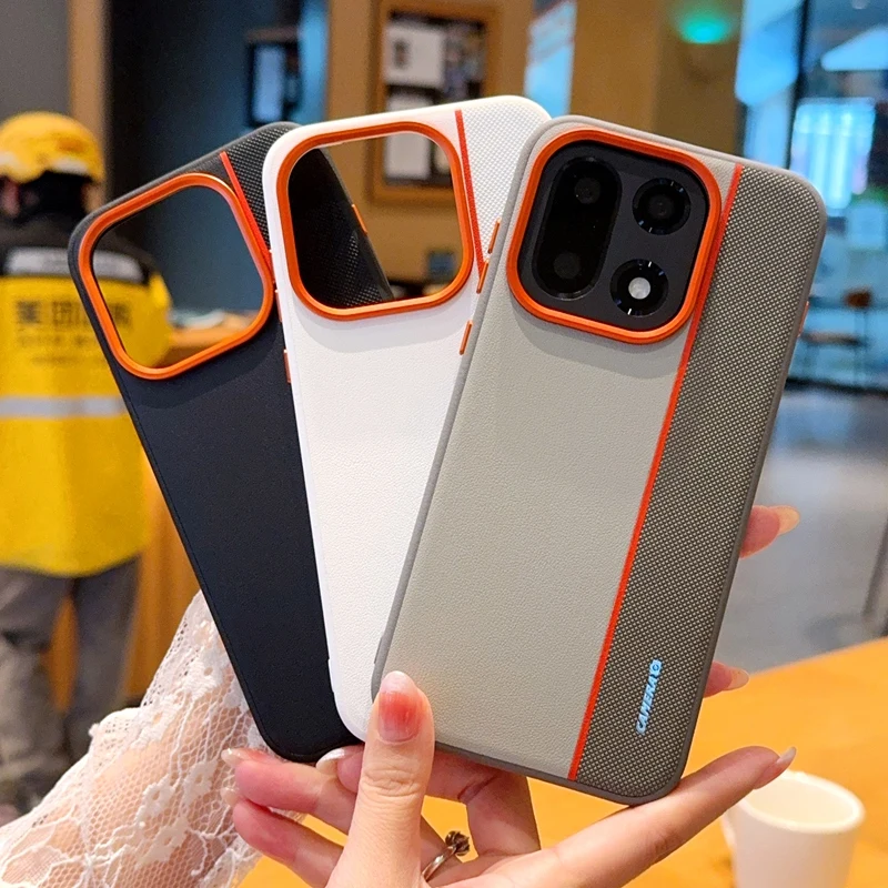 Luxury Leather Texture Color-block Design Shockproof Bumper Back Cover with Metal Camera Lens Ring